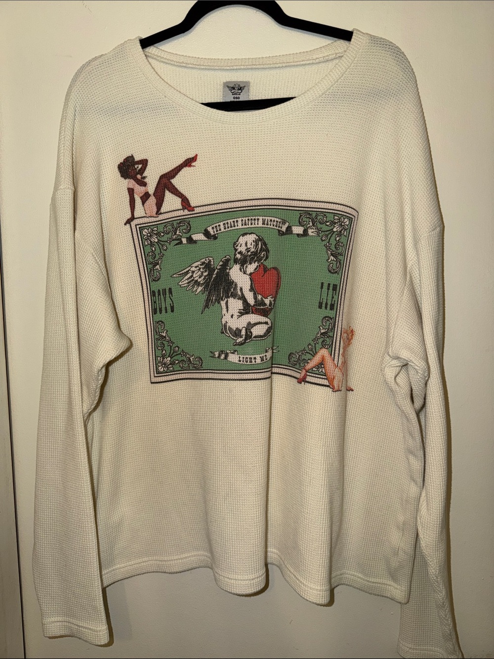 Boys Lie Cream Waffle Crewneck with Mint Panel and Angel Motif